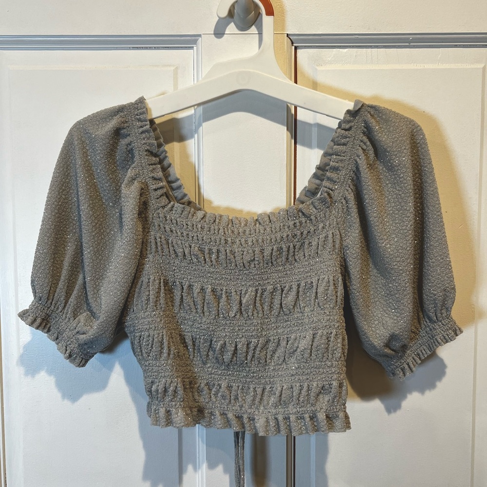 Urban Outfitters Glitter Grey Short Puff Sleeve Crop Blouse in Size Small
